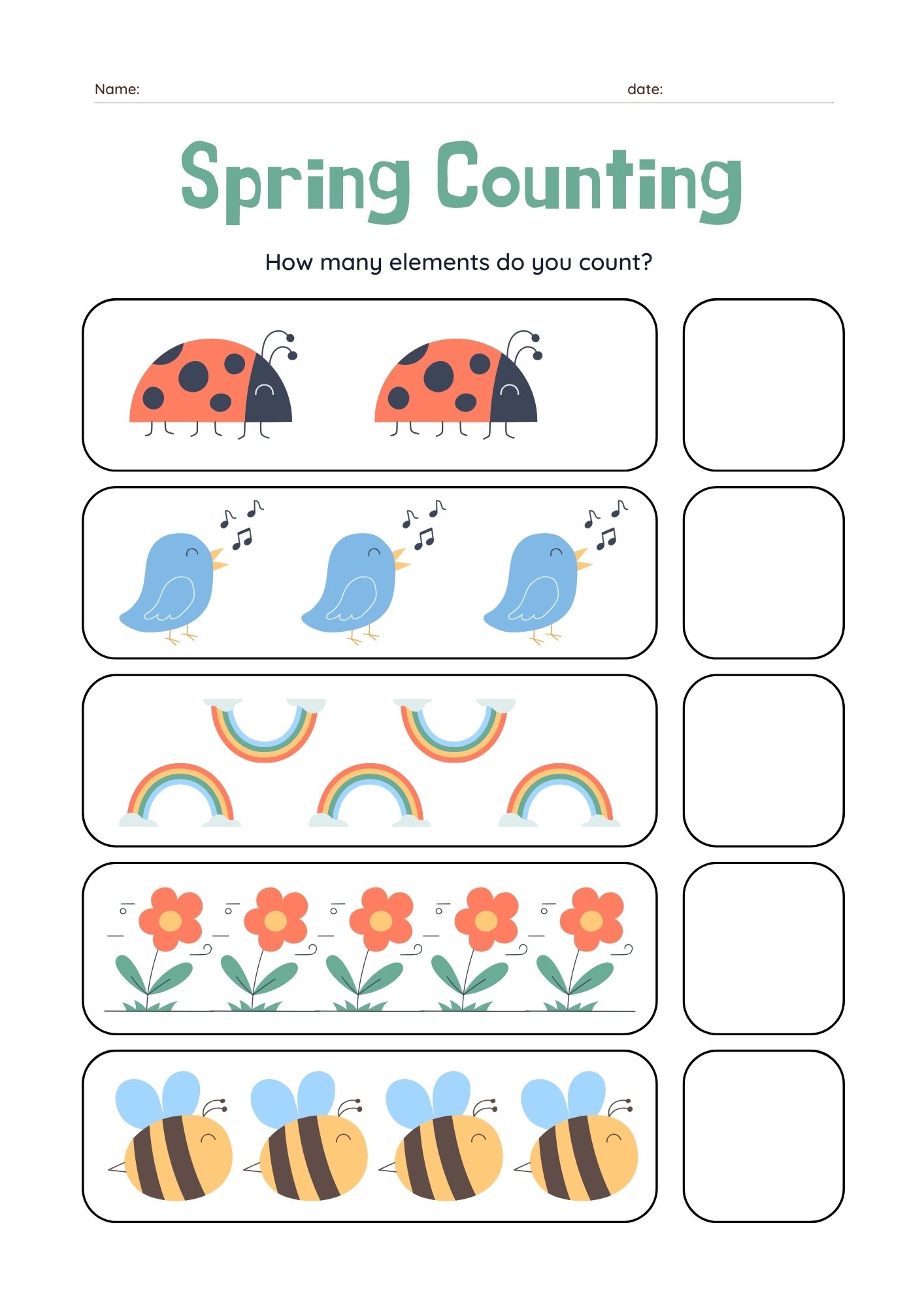 Spring Counting Worksheet in Colorful Illustrative Style